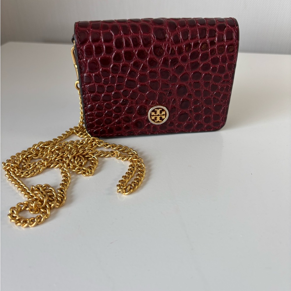 Tory Burch Dark Red Croc-Embossed Clutch with Gold Chain